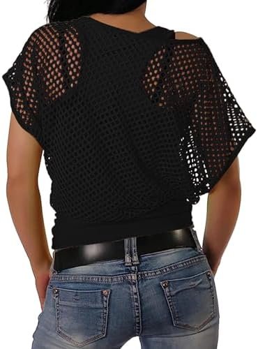 Women 80s T Shirts Neon Fishnet Mesh Top Off Shoulder Tops for Women Formal Blouse