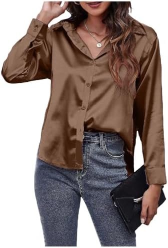 Women's Blouse Satin Silk Shirt Button Down Shirt Casual Loose Long Sleeve Office Work Long Edition Blouse Shirt