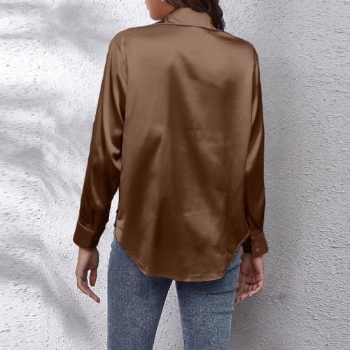 Women's Blouse Satin Silk Shirt Button Down Shirt Casual Loose Long Sleeve Office Work Long Edition Blouse Shirt