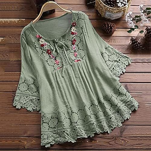 Women Vintage Lace Patchwork Bow V Neck Three Quarter Blouses Top T Shirt Womens Casual Long Sleeve Top