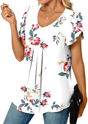 Women's Dressy Chiffon Blouse Shirts Pleated Tunic Tops V Neck Petal Short Sleeve Casual T-Shirts Summer Tops