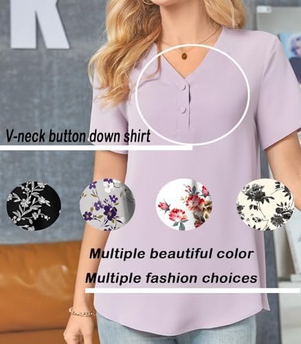 Women's Tops Short Sleeve Chiffon Blouses Summer Shirts Dressy Tunics Casual Button Tee