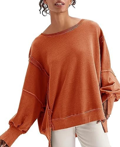 Womens Oversized Sweatshirts Crew Neck Long Sleeve Hoodies Casual Slit Sloucthy Trendy Pullover Clothes