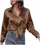 Women's Blouse Satin Silk Shirt Button Down Shirt Casual Loose Long Sleeve Office Work Long Edition Blouse Shirt