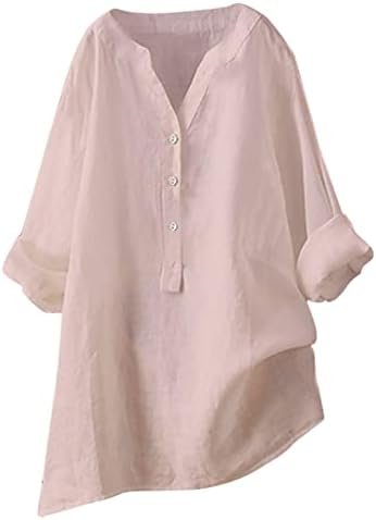 Womens Cotton and Linen Shirts Button Down Blouses V Neck 3/4 Sleeve Pure Color Tops Soft Loose Shirt Fall Clothes