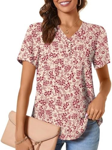 Women's Tops Short Sleeve Chiffon Blouses Summer Shirts Dressy Tunics Casual Button Tee