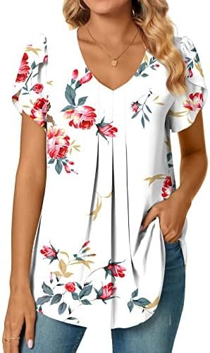 Women's Dressy Chiffon Blouse Shirts Pleated Tunic Tops V Neck Petal Short Sleeve Casual T-Shirts Summer Tops