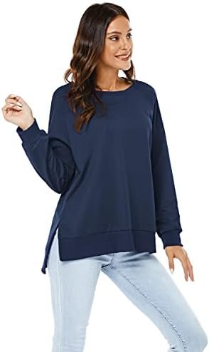 Womens Long Sleeve Pullover Sweatshirt Loose Fit Basic Solid Color Side Split Pullover Tops