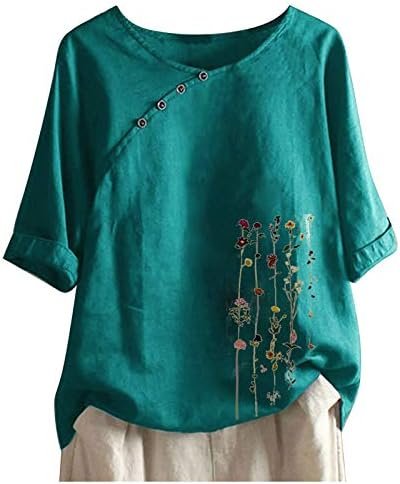 Womens Retro Cotton and Linen Embroidery Loose Short Sleeved Casual Shirt Womens Tshirt Shirt Plain