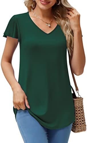 Womens Summer Tops Knit Shirts Casual Ruffle Short Sleeve V Neck Tunic Top Loose Blouse T Shirts Tunics For Women