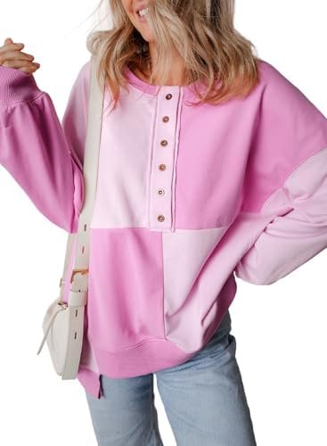 Women's Sweatshirts Casual Loose Button Pullover Top Color Block Fall Fashion Outfits