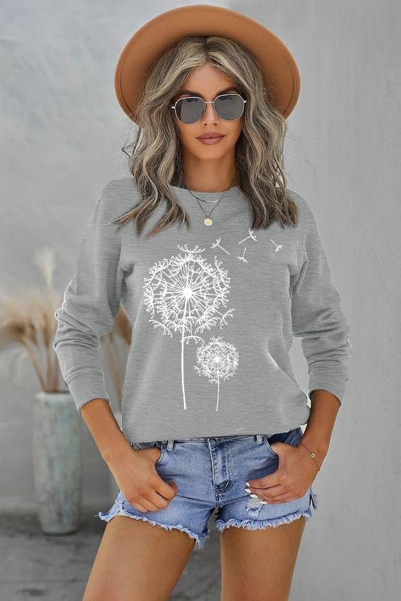 Womens Dandelion Sweatshirt Casual Loose Pullover Tops Long Sleeve Graphic Tee Shirt Blue