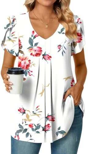 Women's Dressy Chiffon Blouse Shirts Pleated Tunic Tops V Neck Petal Short Sleeve Casual T-Shirts Summer Tops