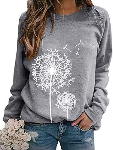 Womens Dandelion Sweatshirt Casual Loose Pullover Tops Long Sleeve Graphic Tee Shirt Blue