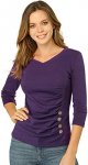 Women's V Neck Blouse 3/4 Sleeves Solid Knitted Buttons Decor Ruched Top