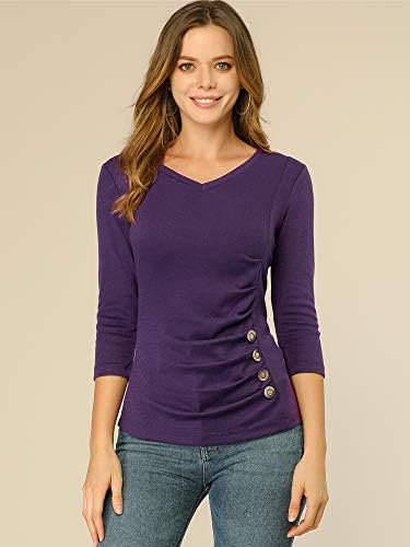 Women's V Neck Blouse 3/4 Sleeves Solid Knitted Buttons Decor Ruched Top