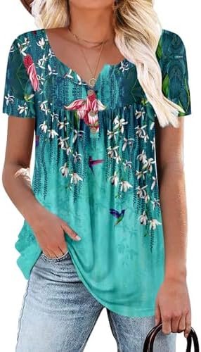 Womens Summer Short Sleeve Shirts V Neck Tops Casual Tunic Floral Ruffle Blouse